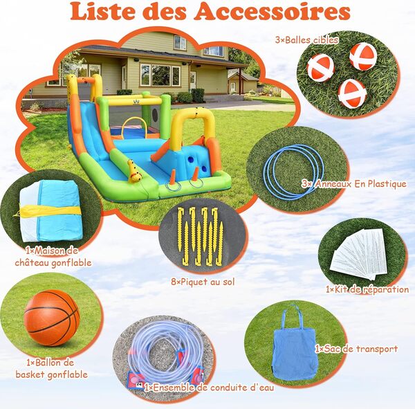 GOPLUS Château Gonflable Aquatique, Aire de Jeux Toboggan avec Zone de Saut, Canon à Eau, Panier de Basket pour 3 Enfants de 3 à 10 Ans Jusqu’à 135KG, 504 x 295 x 217 CM avec Gonfleur 680W