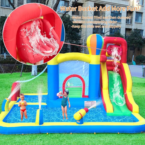 Baralir Château Gonflable avec Ventilateur, Parc Aquatique, Toboggan Sec/Aquatique, 343x338x202 cm, Château Gonflable intérieur/extérieur, Meilleur Cadeau de Vacances/d'anniversaire pour Les Enfants
