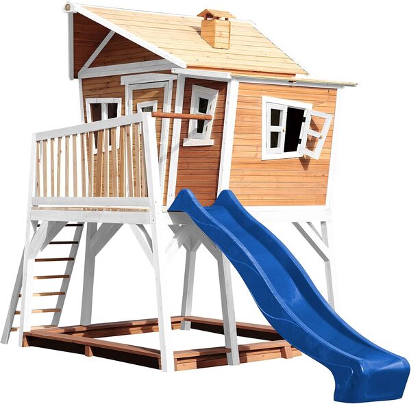 AXI Max Maison Enfant avec Bac à Sable & Toboggan Bleu | Aire de Jeux pour l'extérieur en Marron & Blanc | Maisonnette/Cabane de Jeu en Bois FSC