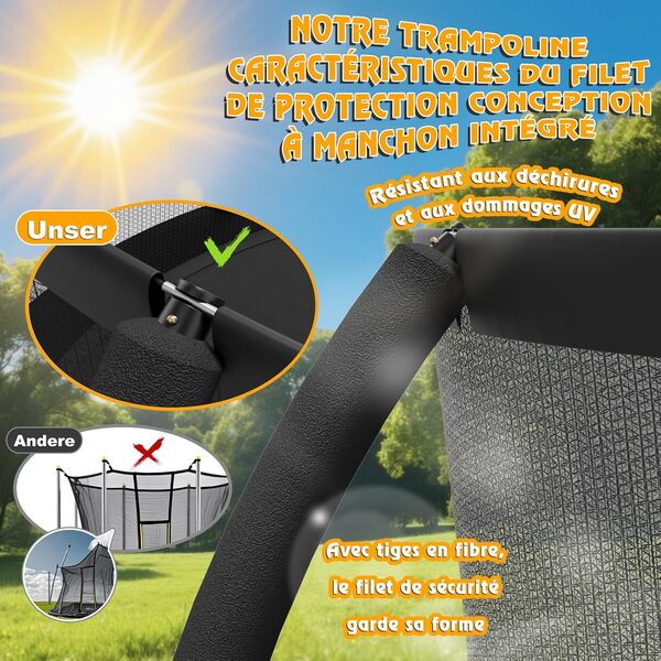 Devoko Trampoline Extérieur Ø 228/305/366/427 cm, Certifié GS, pour Enfants, avec Filet de Sécurité, Couverture de Protection, Design Citrouille, Capacité de Charge 150 kg