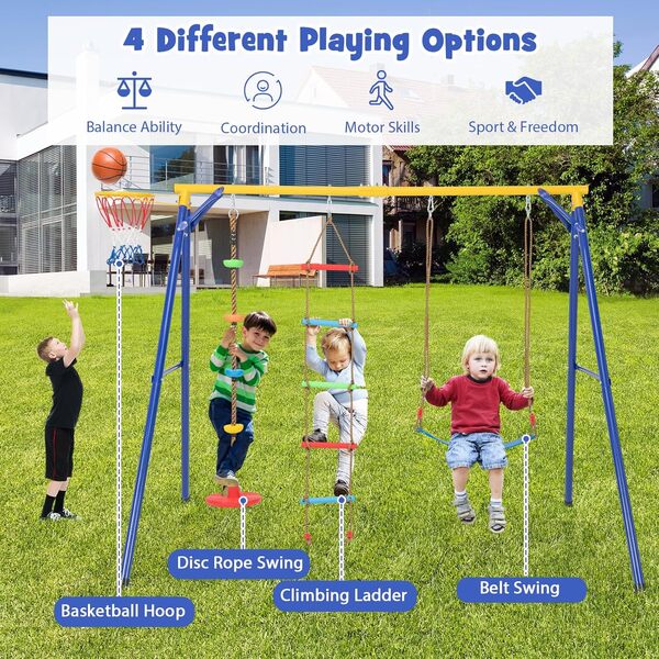 KOMFOTTEU Portique Balançoire 4 en 1, Balancoire d’Exterieur avec Échelle d'escalade et Panier de Basket-Ball, Balançoire pour 4 Enfants (3-9 Ans), pour Jardin, Terrasse, Cour, Charge 300kg