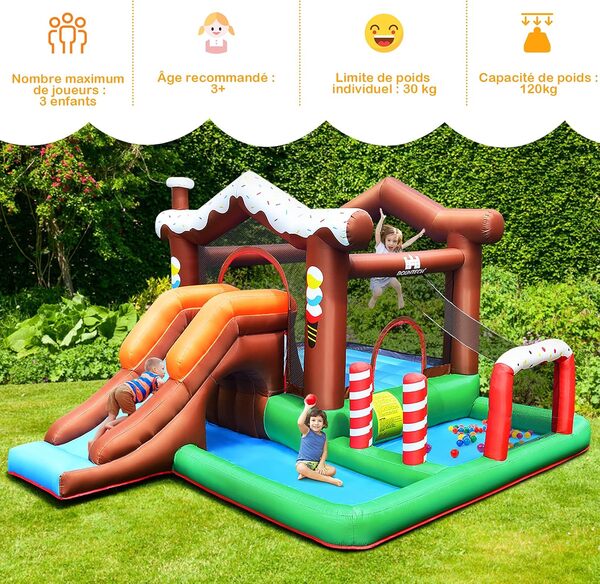 GOPLUS Château Gonflable en Forme de Bûche de Noel avec Toboggan, Zone de Saut, Kit de Réparation, Aire de Jeu Gonflable Intérieur avec Sac de Rangement pour 2 Enfants (avec Souffleur 450W)