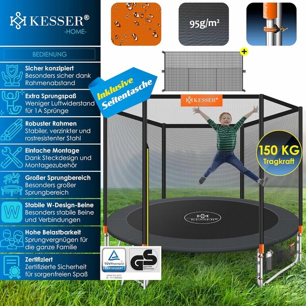KESSER® Trampoline | Certifié TÜV SÜD GS | Ensemble Complet avec Filet de sécurité, échelle, Couverture de Cadre et Accessoires | Trampoline pour Enfants Trampoline de Jardin, 150 kg