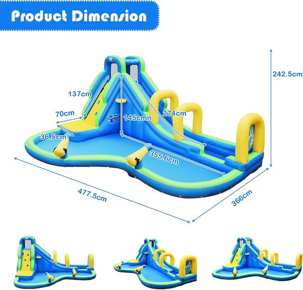 GOPLUS Château Gonflable en Tissu d’Oxford avec Toboggan et Pistolet à Eau,Aire de Jeux Aquatique avec Divertissements Multiples, Idéal pour Enfants 3-10Ans (avec Souffleur 680W)