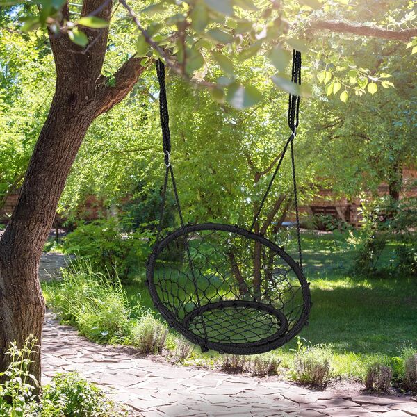 Relaxdays Balançoire suspendue nid d’oiseau Panier suspendu extérieur 150 kg dossier, Ø75cm, noir