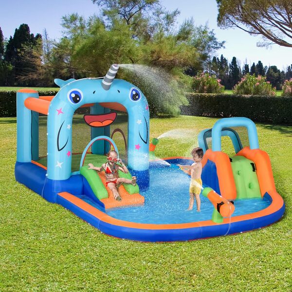 Outsunny Château Gonflable Structure Gonflable Aire de Jeux avec Pistolet à Eau Toboggan Trampoline piscines + 3-8 Ans avec gonfleur et Sac de Transport 420 x 370 x 230 cm - Multicolore