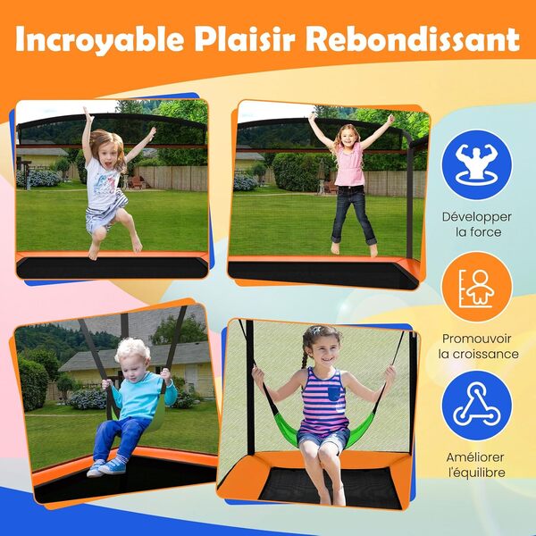 GOPLUS 170/180cm Trampoline Extérieur pour Enfant avec Balançoire, Filet de Sécurité, Housse à Ressorts, Cadre en Métal Galvanisé, 2 en 1 Trampoline Rectangulaire pour Enfants 3 Ans+