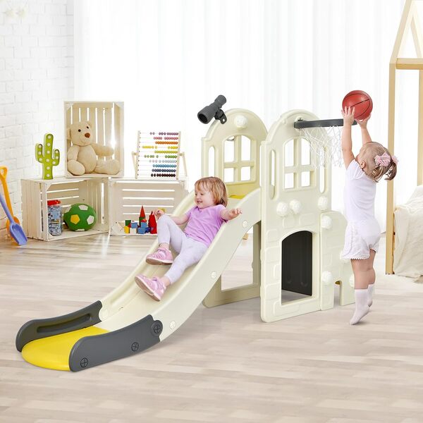DREAMADE Toboggan Enfants 6 en 1 Panier de Basket Escalade Tunnel Lancer d'Anneaux Télescopique Decoratif, Toboggan Extérieur et Intérieur en HDPE pour 3-8 Ans, Balle Souffleur Inclus (Jaune)