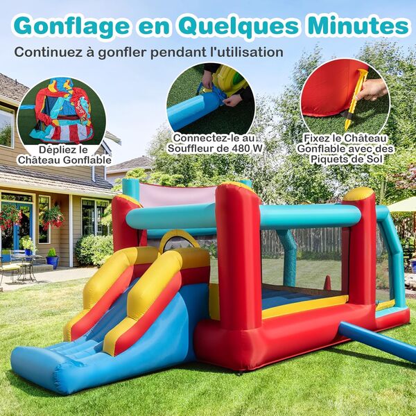 GOPLUS Château Gonflable XXL avec Toboggan, Aire de Jeux Gonflable et Piscine à Balles, avec Panier Basket, pour 2-3 Enfants 3 Ans+,Charge 90KG, 475x219x198 CM ([avec Souffleur 450W],Glace)