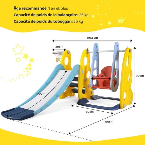 Toboggan et Balançoire, 4 en 1 Toboggan pour Enfants, avec Balançoire & Panier de Basketball, 150cm Toboggan Extra Long, Idéal pour Jouer Extérieur/Intérieur, Charge Max 60kg