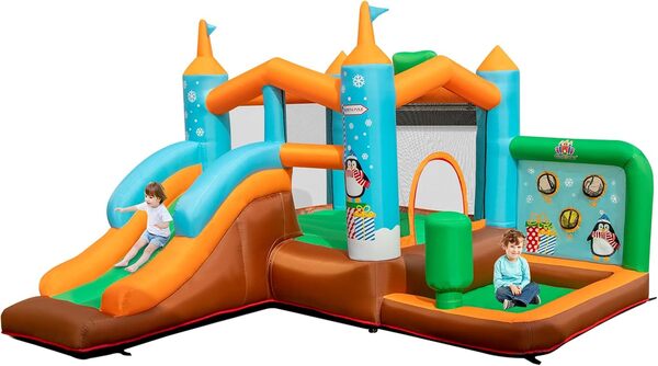 GOPLUS Château Gonflable 6 en 1 pour Enfants avec Toboggan, Trampoline Jeu Boxe, Aire de Jeux Gonflable Pingouin pour 3 Enfants 3-12 Ans Jusqu’à 90kg (Pingouin sans souffleur)
