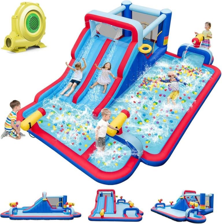 Château Gonflable GOPLUS 8-en-1 – Double Toboggan, Trampoline, Foot, Basket – Pour 4 Enfants, 120 Kg, Souffleur 450W