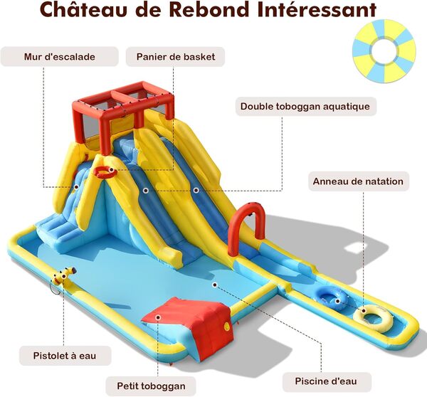 COSTWAY Château Gonflable 8 en 1 avec Double Toboggan Aquatique, Maison de Rebond Gonflable avec Mur d’Escalade, Pistolet à Eau, Anneaux de Natation pour 3 Enfants de 3-10 Ans(sans souffleur)