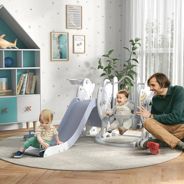 AIYAPLAY Portique Enfant Toboggan et balançoire avec Panier de Basket-Ball Aire de Jeux 3 en 1 185 x 150 x 92 cm Gris