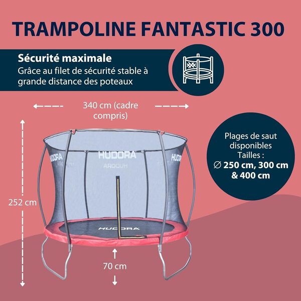 HUDORA Trampoline Fantastic en différentes tailles - Trampoline de jardin familial avec filet de sécurité - Trampoline de sport jusqu'à 100kg - Bordures extra larges pour enfants et adultes