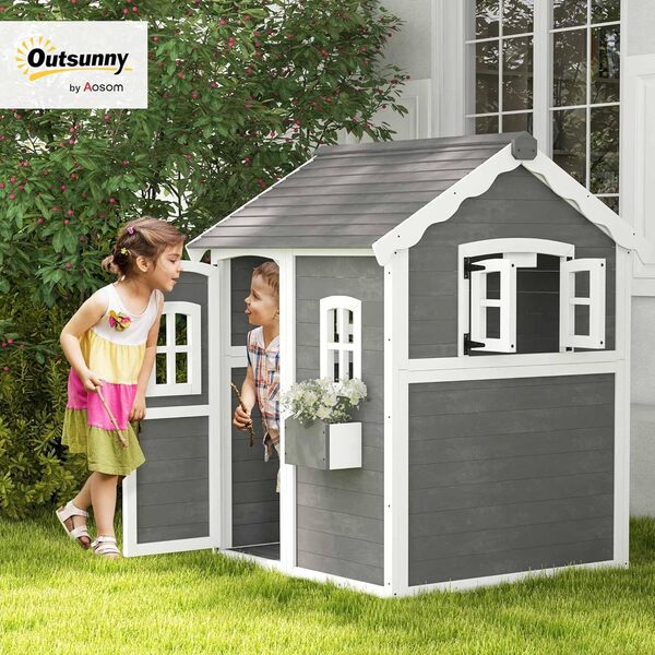 Outsunny Cabane Enfant extérieur, Maison Enfant extérieure, avec Porte, fenêtres, bac à Plantes, Plancher - en Bois dim. 104,5L x 110l x 137H cm Gris