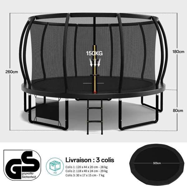 Flamaker Trampoline de Extérieur pour Enfants Ø366/427cm, Kit Complet avec Filet de sécurité, échelle, Housse de Bord, ancrage au Sol et Accessoires, Structure Stable, Charge 150 kg