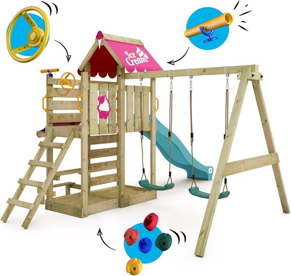 WICKEY Aire de Jeux VanillaFlyer portique en Bois avec bâche & balançoire et Toboggan, Tour d'escalade pour Enfants avec bac à Sable, échelle et Accessoires de Jeu pour Le Jardin - Rose Pastel