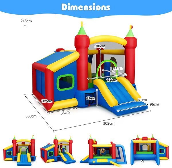 GOPLUS Château Gonflable Enfants,avec 6 Types de Jeu Différents, 6 Piquets de Fixation et Sac Rangment Charge 135KG, pour 3 Enfants 3-10 Ans, 380 x 305 x 215CM (avec Souffleur 450W)