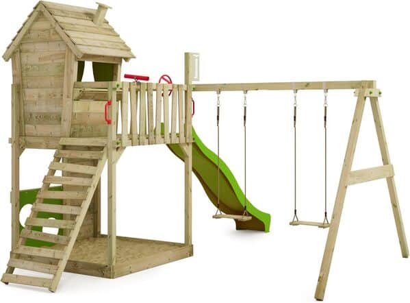 FATMOOSE Aire de Jeux HappyHome Hot avec balançoire & Toboggan Vert Pomme, Tour d'escalade pour Enfants avec bac à Sable échelle & Accessoires de Jeu pour Le Jardin