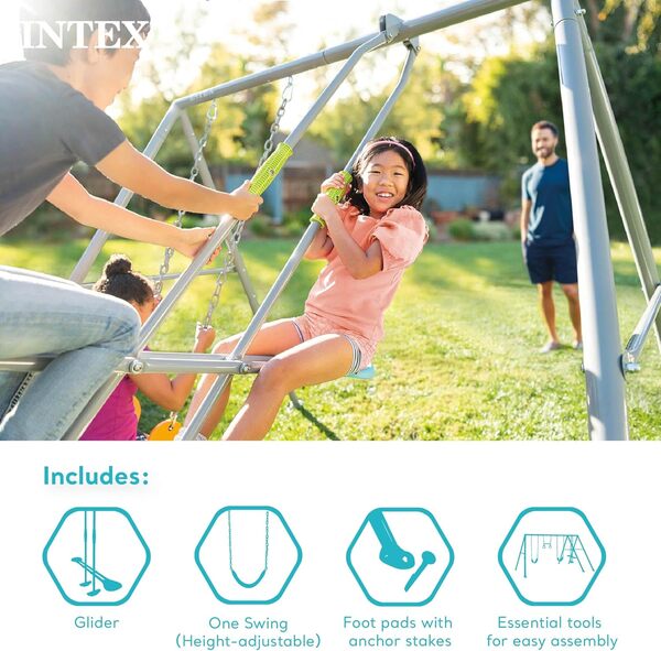 INTEX 44122E Balançoire de jardin robuste à deux fonctions : comprend une balançoire et un planeur réglables en hauteur – Chaîne enduite de plastisol – Cadre en acier antirouille – Système d'ancrage –