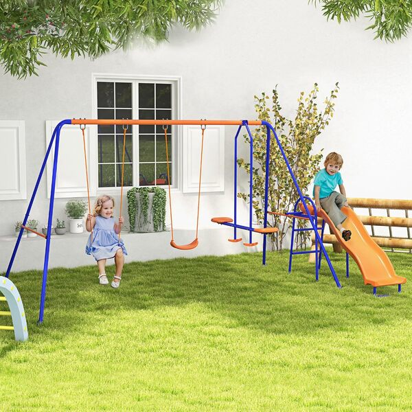 Balançoire pour Enfants Outsunny 4 en 1 avec 2 balançoires Individuelles 1 balançoire Planeur 1 Toboggan Corde réglable et Anti-UV pour l'extérieur Multicolore