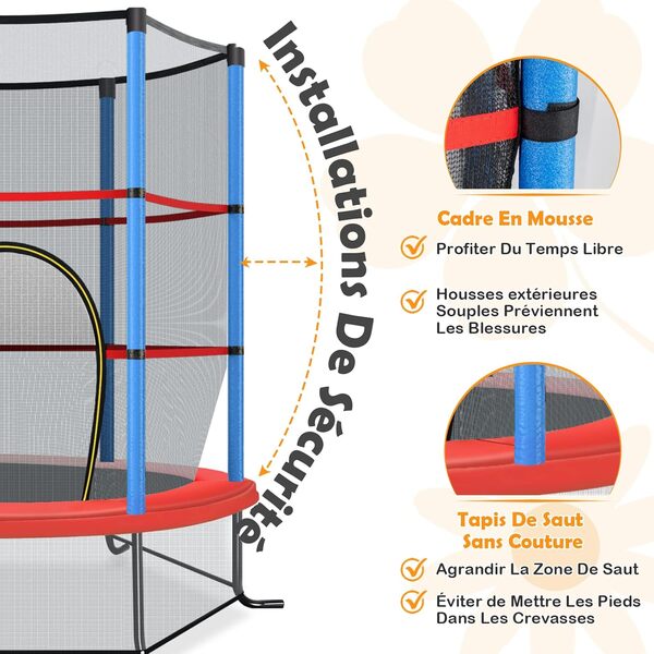 COSTWAY Trampoline Extérieur Enfants Ø165 CM avec Filet de Sécurité, Trampoline Enfants avec Cadre en Acier & 6 Poteaux Recouvert de Mousse, Charge Max 135kg pour Garçon et Fille…