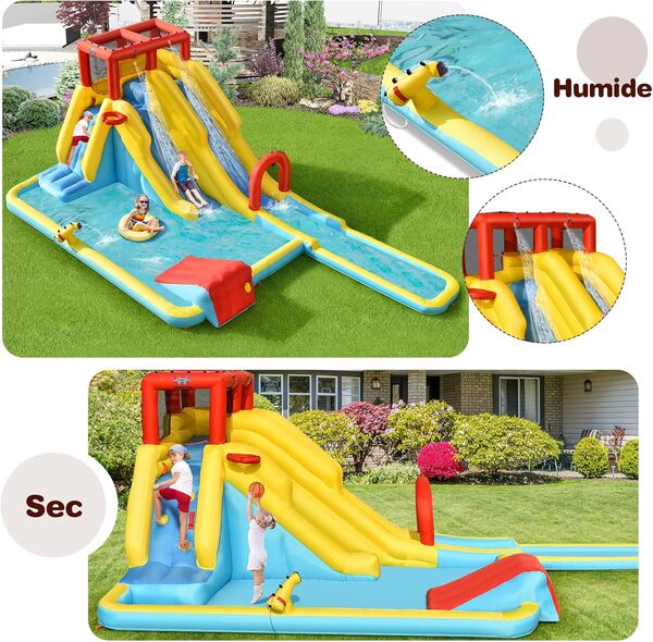 GOPLUS Château Gonflable Aquatique avec Piscine,Pistolet d’Eau Toboggan Aquatique pour 3 Enfants 3-10 Ans Jusqu'à 160KG(Slide, sans Souffleur)