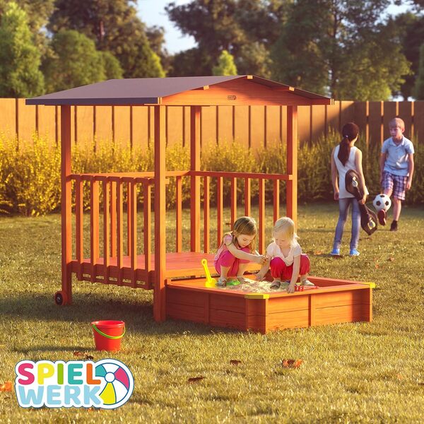 Spielwerk® Bac à Sable en Bois Merle 143x130x130cm Aire de Jeux cabane Protection UV 50+ Jeu pour Enfants extérieur Jardin