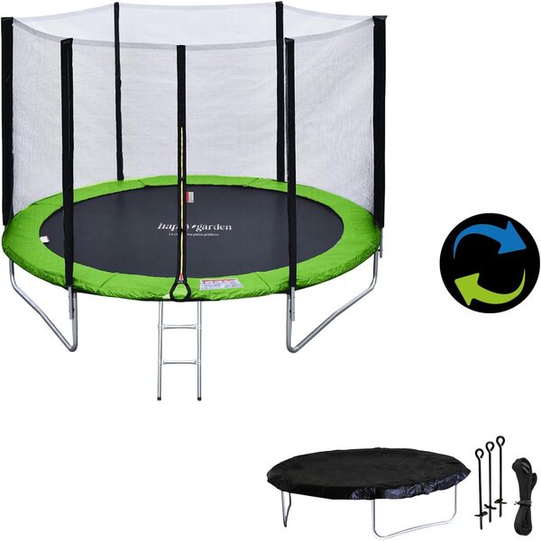 Happy Garden Pack Premium Trampoline de Jardin Rond pour Enfants 180cm réversible Cairns + Filet, échelle, bâche et kit d'ancrage, Montage Facile…
