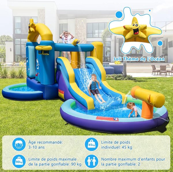 GOPLUS Château Gonflable avec Souffleur 680W, Parc Aquatique Océan avec Toboggan, Panier de Basket et Trampoline, Aire de Jeux Piscine à Balles pour 2 Enfants 3-10 Ans Jusqu’à 90KG