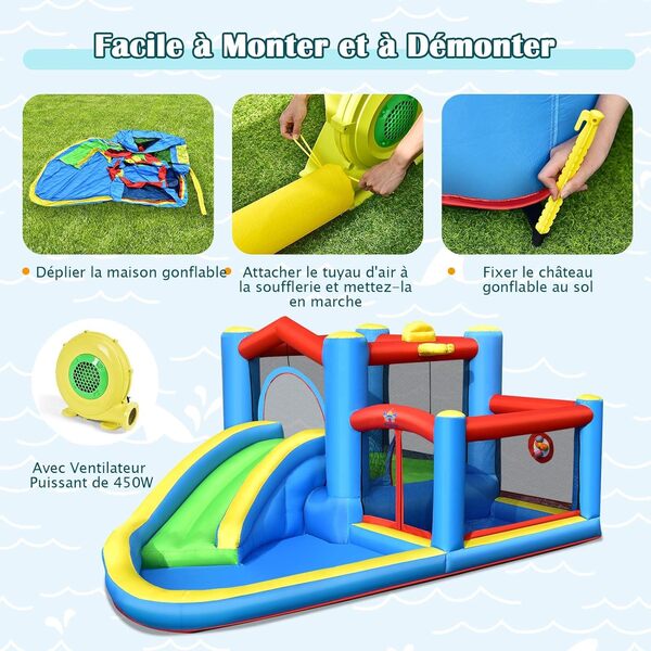DREAMADE Château Gonflable pour 3 Enfants 3-12 Ans, Charge Max. 90KG, Maison de Jeux Géante avec Toboggan, Piscine à Balles, Château Gonflable Enfants pour Intérieur & Extérieur (avec Gonfleur 450W)