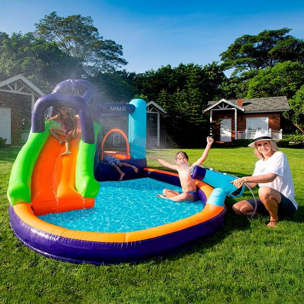 Château Aquatique Gonflable XXL avec Toboggan, Aire de Jeux et de rebonds, canons à Eau - Magic Island - Surface 430x380x190 cm - souffleur et Sac de Rangement Inclus