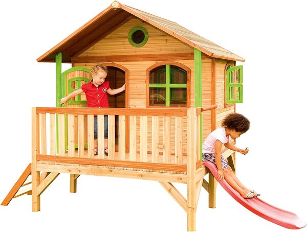 AXI Stef Maison Enfant avec Toboggan Rouge | Aire de Jeux pour l'extérieur en Marron & Vert | Maisonnette/Cabane de Jeu en Bois FSC