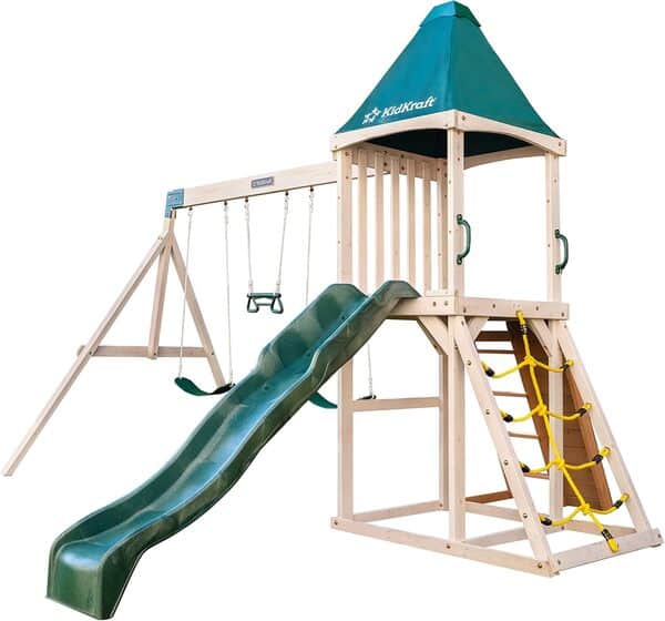 KidKraft Emerald Aire de Jeux en Bois avec Toboggan d'Extérieur, Balançoire, Mur d'escalade et Bac à Sable pour Enfants, F29550E, Exclusivité sur Amazon