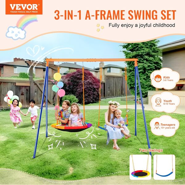 VEVOR Kit Balançoire de Jardin Capacité de Charge 199,6 kg, Portique Balançoire avec 1 Nacelle, 1 Siège à Ceinture, Cadre en Métal Robuste en A et Corde Réglable, pour Arrière-Cour Aire de Jeux