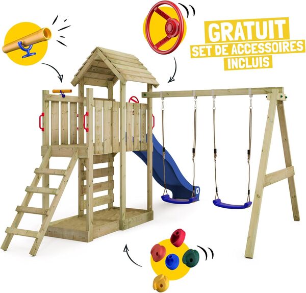 WICKEY Aire de Jeux MultiFlyer portique avec Toit en Bois & balançoire et Toboggan Bleu, Tour d'escalade pour Enfants avec bac à Sable, échelle et Accessoires de Jeu pour Le Jardin.