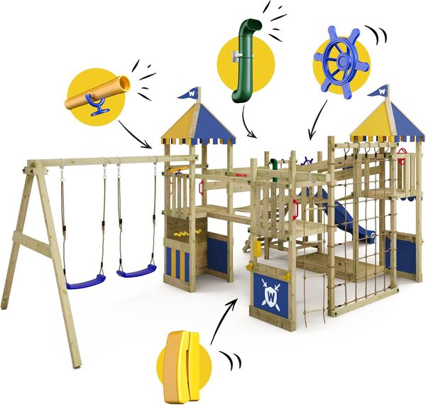 WICKEY Aire de Jeux Smart Queen portique en Bois avec bâche en Bleu-Jaune & balançoire et Toboggan Bleu, Tour d'escalade pour Enfants avec bac à Sable, échelle et Accessoires de Jeu pour Le Jardin.