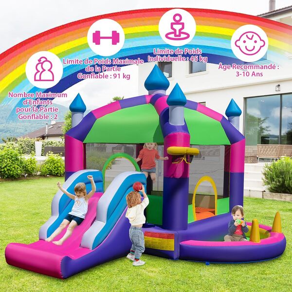 COSTWAY 5 en 1 Château Gonflable avec Toit & Toboggan & Souffleur 680W, Aire de Jeux Gonflable avec Piscine & Panier de Basketball, Charge 90kg pour 2 Enfants de 3-10 Ans, 385x332,5x300CM
