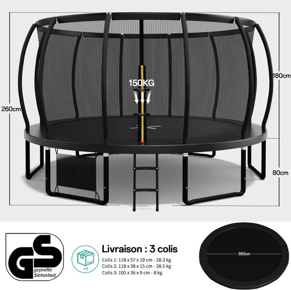 Flamaker Trampoline de Extérieur pour Enfants Ø366/427cm, Kit Complet avec Filet de sécurité, échelle, Housse de Bord, ancrage au Sol et Accessoires, Structure Stable, Charge 150 kg