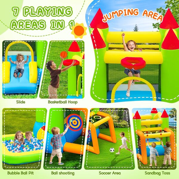 FBSPORT Château Gonflable pour Enfants avec Toboggan, Trampoline, Piscine à Balles, Terrain de Football, Lancer de Sacs de Sable, Stand de Tir, pour Intérieur Extérieur Jardin, 314×208×175cm