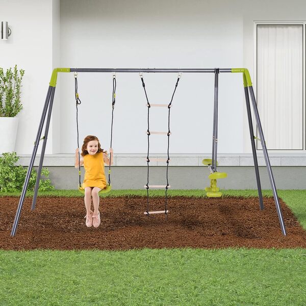 HOMCOM Balançoire 3 agrès portique avec balançoire, échelle et Face à Face dim. 2,95L x 1,38l x 1,75H m métal époxy anticorrosion PE Gris Anthracite Vert Pomme