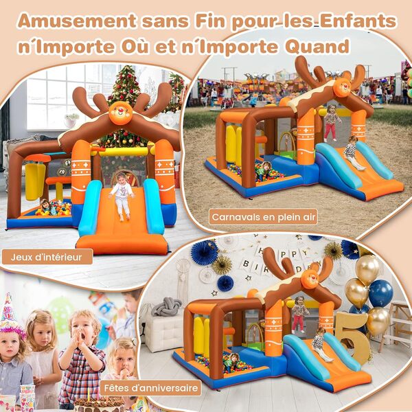 GOPLUS Château Gonflable XXL pour 4 Enfants 3-10 Ans Forme Wapiti Renne Noel Aire de Jeux Gonflable avec Trampoline, Toboggan et 2 Piscine Jeu de Boxe,Basket, Charge120kg(Renne avec Souffleur 450W)