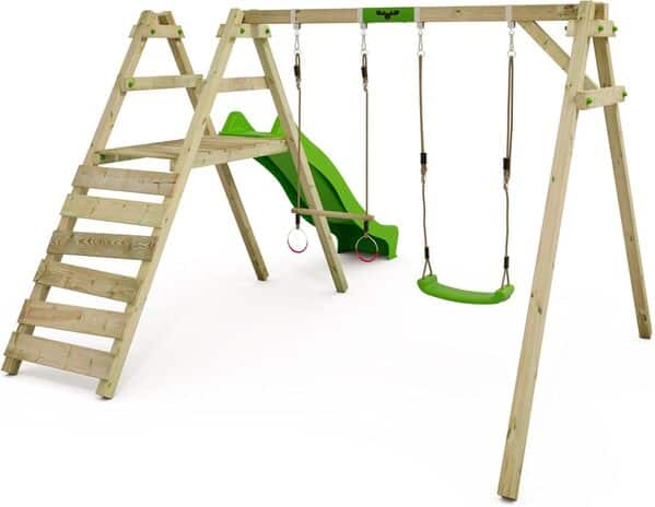 FATMOOSE Balançoire pour Enfants Portique de balançoire JollyJack - Balançoire Double avec Toboggan Vert Pomme et annexe à Grimper, balançoire en Bois pour Enfants dans Le Jardin