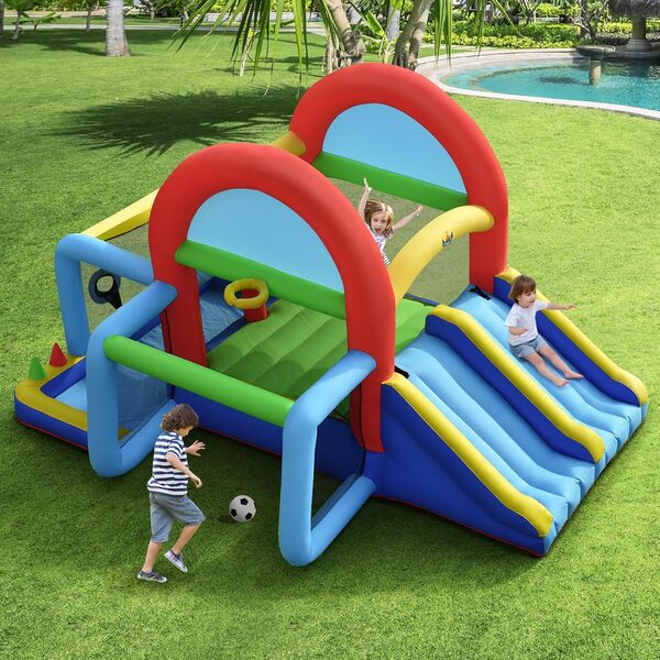 LIFEZEAL Château Gonflable 8 en 1 pour Enfants avec 2 Toboggans, Zone de Saut, But de Football, Panier de Basket, Grande Aire de Jeux Multifonctionnelle Intérieure Extérieure (sans souffleur)