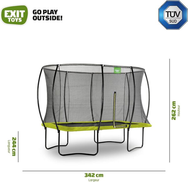 EXIT TOYS Trampoline Silhouette - 214x305cm - Trampoline Rectangulaire Extérieur pour Enfants - avec Filet de Sécurité et Système de Protection des Pieds - Prix Compétitif - Entrée Sécurisée - Vert