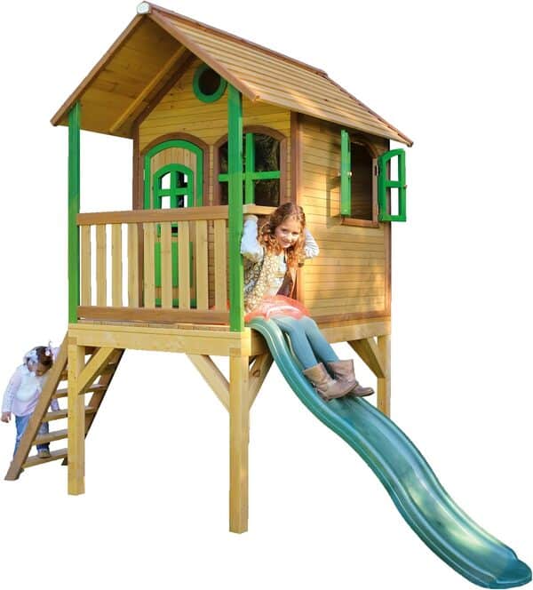 AXI Laura Maison Enfant avec Toboggan Vert | Aire de Jeux pour l'extérieur en Marron & Vert | Maisonnette/Cabane de Jeu en Bois FSC
