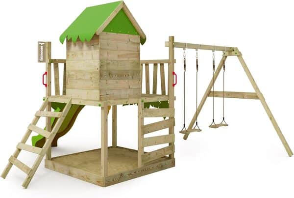 FATMOOSE Aire de Jeux JazzyJungle Jam XXL portique en Bois avec balançoire et Toboggan Vert Pomme, Tour d'escalade pour Enfants avec bac à Sable, échelle et Accessoires de Jeu pour Le Jardin.