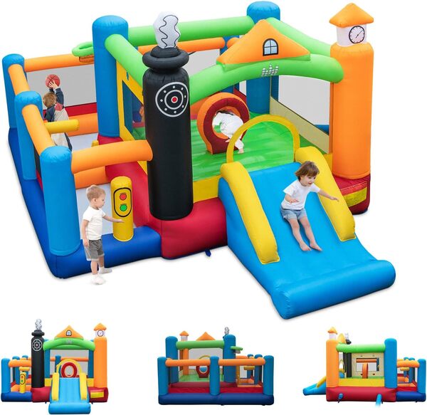 GOPLUS 6 en 1 Château Gonflable sur Thème du Train, Aire de Jeux Gonflable avec Toboggan,Trampoline,Pataugeoire, pour 3 Enfants 3-10 Ans 135KG, 480×365×245 CM (Train, avec Souffleur 680w)