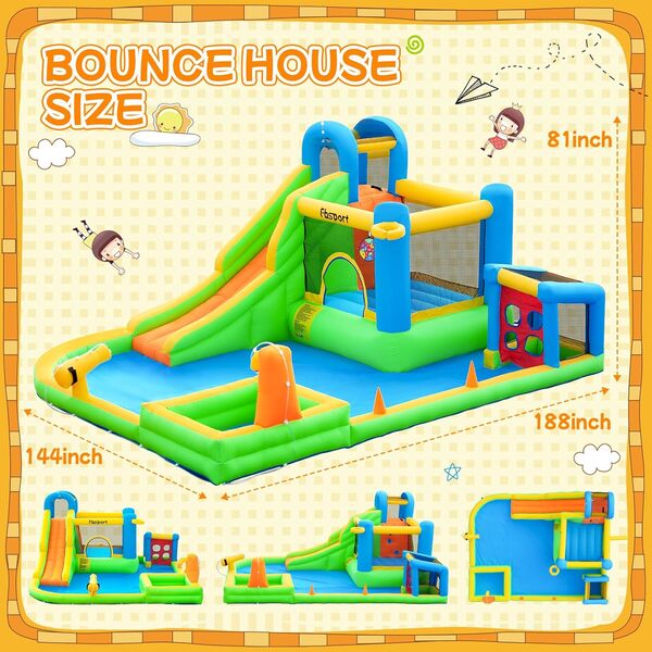 FBSPORT château Gonflable Exterieur Enfant avec souffleur 480 x 370 x 210 cm Aire de Jeux Gonflable Adulte Grand château Gonflable Piscine Meilleur Cadeau de Vacances/d'anniversaire pour Les Enfants